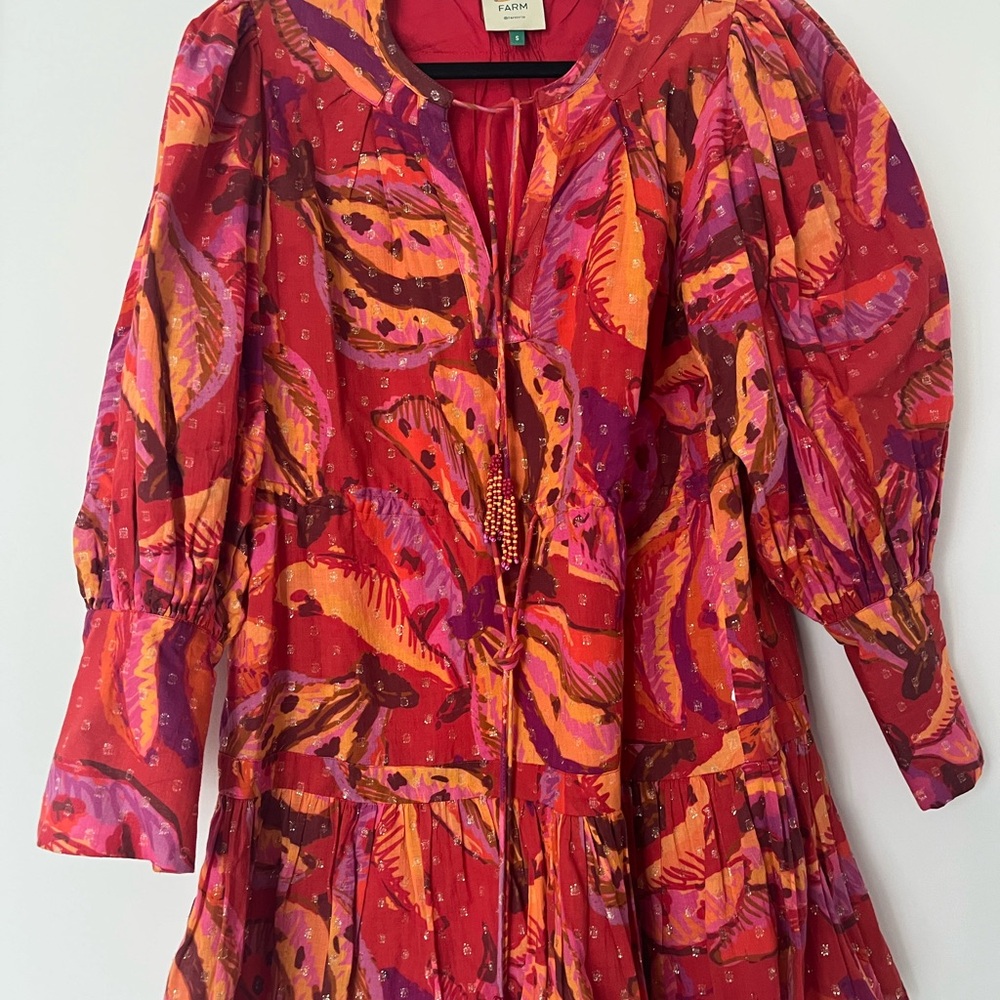 FARM Rio Red and Pink Feather Print Midi Dress